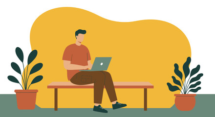 Man working remotely on laptop in a relaxed, modern setting with plants. Ideal for concepts of productivity, freelance work, and digital lifestyle.