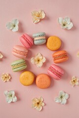 Fototapeta premium Colorful macaroons on a vibrant background, showcasing bright pastel shades and sweet dessert charm, creating a playful and appetizing composition perfect for bakery, cafe, and confectionery design 