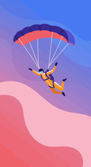 Adventurous skydiver soaring through a vibrant, abstract gradient sky with a colorful parachute. Symbolizes extreme sports, freedom, and thrilling achievement.