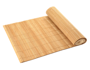 Rolled up bamboo mat on a clean white background, texture and pattern, natural material, traditional craft.