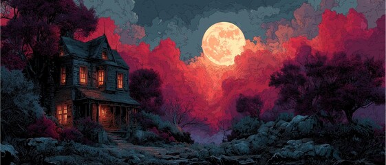 Fototapeta premium haunted house spooky full moon night forest halloween illustration