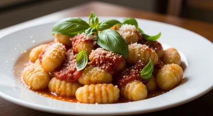 Delicious Gnocchi Pasta Dish with Tomato Sauce and Fresh Basil.