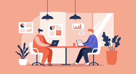 Two business professionals work on laptops in a modern office, analyzing data and collaborating. Ideal for themes of teamwork, digital transformation, and corporate productivity.