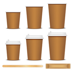 Blank brown paper coffee cups with lids, wooden stirrer, sugar packet realistic vector 3d mockup set isolated on white background, models eco product branding, packaging design, takeaway promotion.