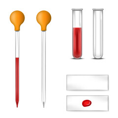Realistic laboratory equipment mockup 3d vector, glass test tubes, pipettes, microscope slides containing blood samples for scientific research, diagnostic analysis, medical or chemistry experiments.