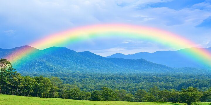 A vibrant rainbow arches over lush green mountains and a dense forest landscape under a blue sky
