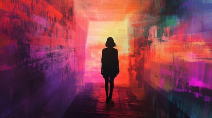 A lone figure walks through a colorful, abstract corridor towards a bright light.