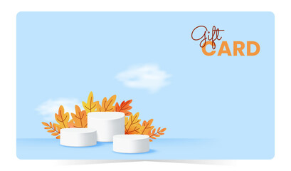 Gift card with 3D white podium and colorful autumn leaves. Modern layout for promotions, loyalty programs or fall gifts. Vector illustration