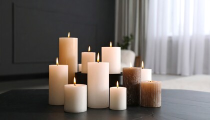 Several pillar candles in various shades of beige and cream, lit, arranged on a dark table in a room with soft light and sheer curtains