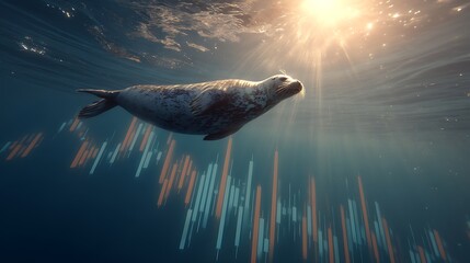 Underwater Seal Swimming Through Sunlit Waves with Colorful Digital Light Trails in a Blend of Nature and Technology