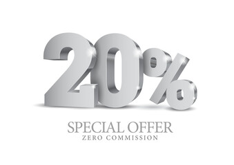 20 percent number in grey color. Twenty number in silver 3d. Poster template for discount, fifty percent sale discount, work progress. Vector illustration