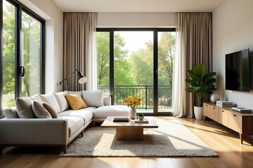 Fototapeta premium Cozy and inviting living room interior with comfortable seating, natural light streaming through large windows, and stylish decor Perfect for relaxation and family time , home, lamp, comfy