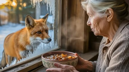 A heartwarming scene of a kind elderly woman offering a steaming bowl of stew to a curious fox through a frosty winter window - Powered by Adobe