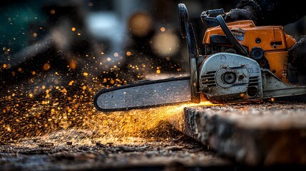 Industrial chainsaw cutting timber with sparks flying, showcasing woodworking precision and power.