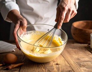 Hands skillfully whisking yellow batter in a clear glass bowl on a rustic wooden surface.

