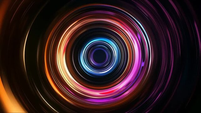 Round Neon tunnel. Futuristic interface pattern. Glowing hi technology texture. Abstract motion background. Cyber punk concept. Seamless loop. Orange and blue color.