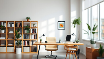 A zoom background photo of a minimalist modern office with a bookshelf and plants
