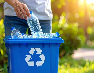 A person's hand reaching to place a plastic bottle into a blue recycling bin filled with other bottles.