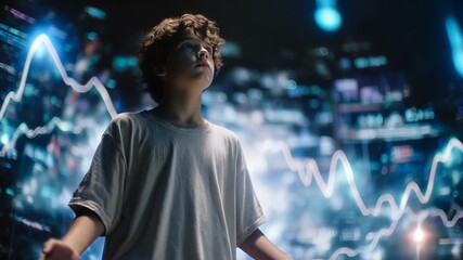 Curious Boy Engaged in Futuristic E-Learning Environment with Augmented Reality Data Visualizations - Powered by Adobe