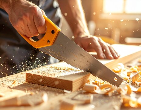 Close up of a carpenter’s hands using a hand saw to cut a wooden plank in a sunny workshop.

