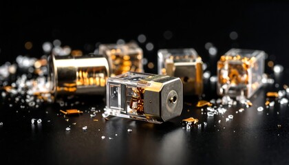 Several small, gold-toned electronic components, clear plastic housings, scattered on a dark surface, with glittering pieces
