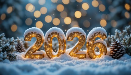 Festive New Year 2026 with golden 3D numbers in snow, glowing Christmas lights and bokeh