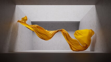 3d rendering. Minimalist fashion background with yellow silk drapery falling inside the concrete...