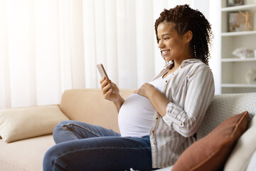 Smiling African American pregnant woman relaxing on sofa and looking at smartphone, one hand on...