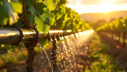 Drip irrigation tubes delivering water to grapevines in a sunny vineyard 