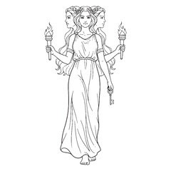 Mystic Goddess Hecate Lineart – Hecate Vector Illustration with Witchcraft Elements – Hecate Drawing – Line Art Drawing of Hecate – Hecate Icon