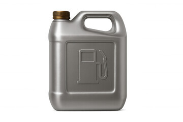 Silver plastic canister containing gasoline, featuring gas station symbol, isolated on transparent background
