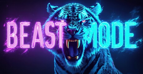 Obraz premium Neon tiger head, glowing eyes, fierce expression. Text reads Beast Mode in vibrant colors. Dramatic lighting, dark background.