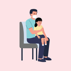 Illustration of a father wearing a mask sitting on a chair while holding his daughter, depicting family affection and concern for health.
