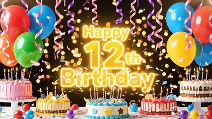 Vibrant Happy 12th Birthday Celebration with Colorful Cakes, Balloons, and Falling Confetti