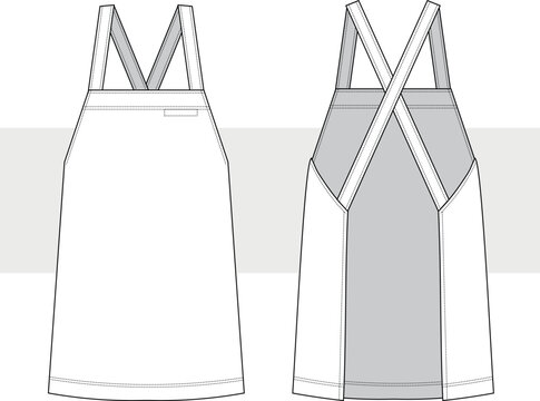 Kitchen apron technical drawing, illustration. Front and back view, CAD, Mockup set.