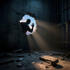 감옥벽구멍으로새어드는새벽빛과절망적인죄수의손