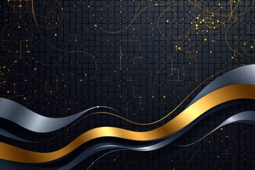 Fototapeta premium The image features an abstract background with a dark grid pattern overlaid with tiny golden dots and delicate swirling lines, creating a sense of depth and motion