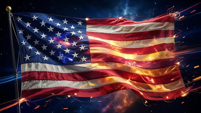 American flag waving with sparks and lights in the background