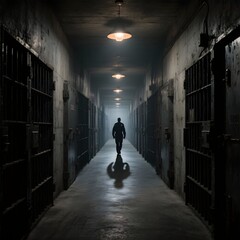 어두운교도소복도와철창문들