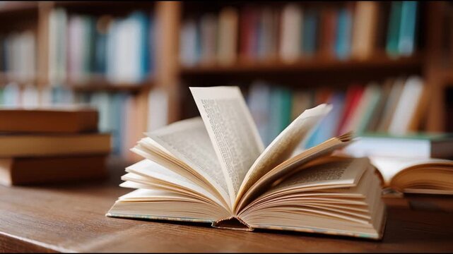 Explore open book on wooden table in library surrounded by rows of books