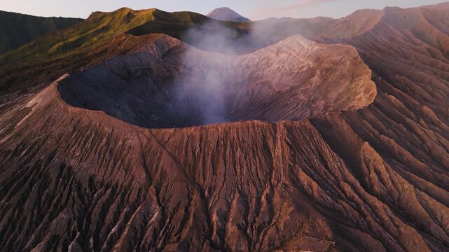 Drone footage of a steep hiking trail on Mount Bromo Vulcano, leading to crater rim