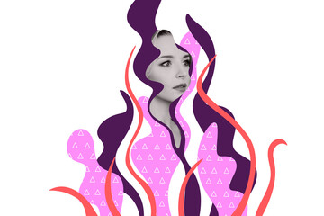 Creative collage image young pretty woman face blossom nature environment skincare salon spa beauty care drawing background