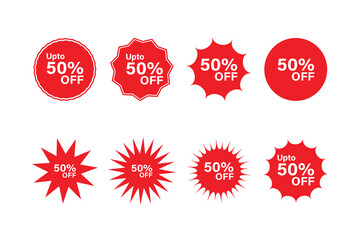 Red sale stickers up to 50% off promotion badges.