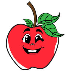 Smiling Red Apple Cartoon with Leaves and Stem