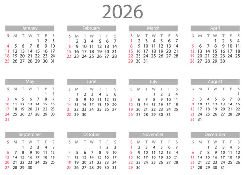 Minimalist 2026 Calendar Layout Featuring All Months Highlighted.