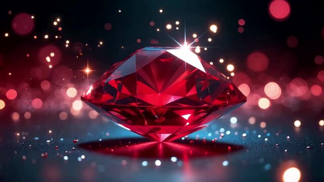 Shiny red gemstone diamond with brilliant sparkling lights and glittering background creating luxury elegant precious jewel