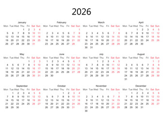 Year 2026 Calendar Layout With Days Highlighted for Easy Reference.