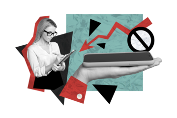 Composite photo collage of serious businesswoman write clipboard arrow point down fall iphone device loss isolated on painted background