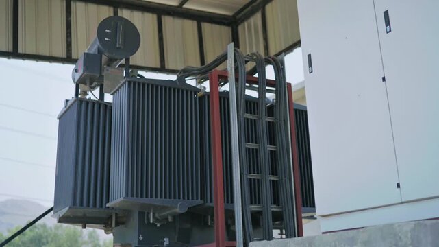 Profile view of a transformer of an industry. Day view.