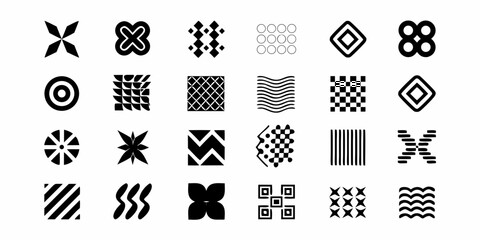 Collection of diverse geometric and abstract black and white iconographic symbols and patterns